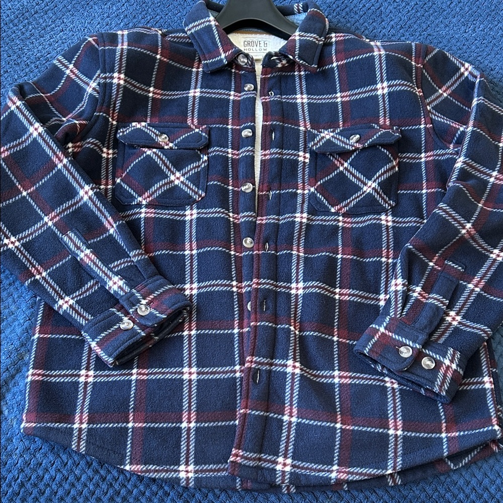 Men's Blue and Red Plaid Shirt Jacket